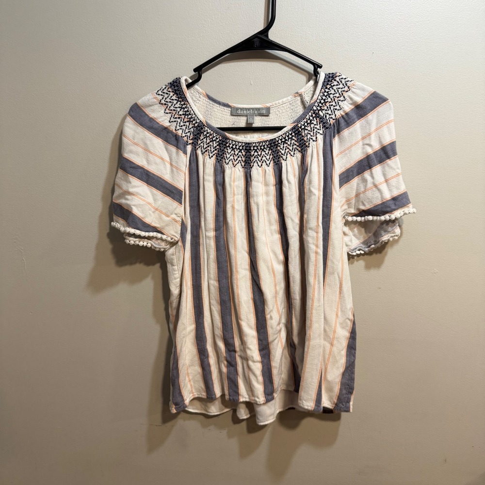 Daniel Rainn Womens Smocked Embroidered Striped Pom Pom Blouse Blue White
